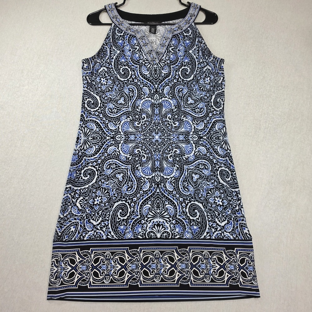 WHBM Women's Size S Blue Black Paisley Print V-Neck Shift Tunic Dress Stretch